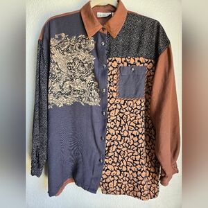 vintage TOGETHER! women's rayon patchwork colorful mauve leopard print shirt  L